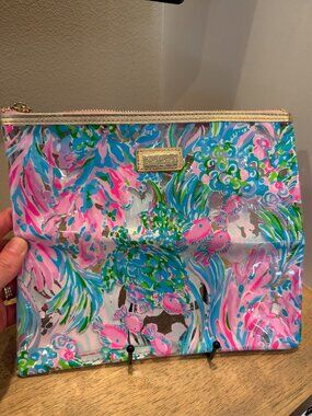 Lilly Pulitzer Printed Clear Travel Cosmetic Pouch Clutch OS Pink Blue